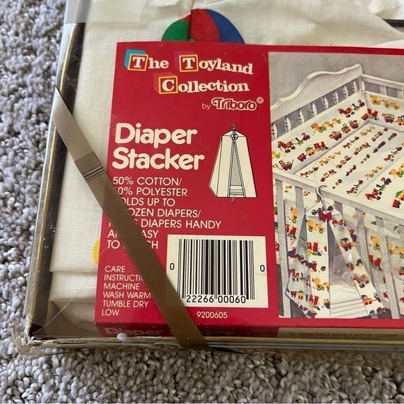Vintage Diaper Stacker White Beach Balls Toys Hanging Trains Numbers Primary - Picture 1 of 6